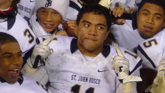 UCLA recruit Jacob Tuioti-Mariner celebrates after  his team won CIF Southern Section Pac-Five title last season. Photo: Mark Tennis.