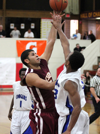 Joey Covarrubias shoots a left-handed baby hook vs. Newark Memorial at Torrey Pines Holiday Classic. He was named all-tournament team at three events this past winter.