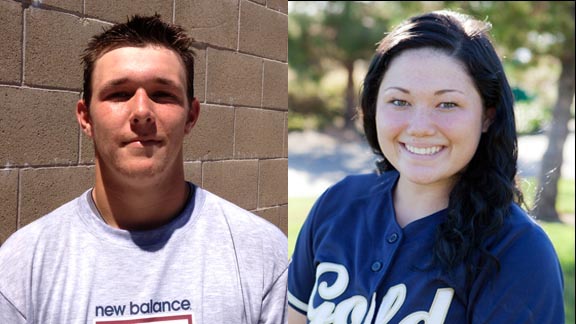 Two top players from newcomers to this week's State Top 20 are Jack Labosky of Clovis North and Justine Garner of Roseville. Labosky was the 2013 Fresno Bee Player of the Year and will play next at Duke. Garner is the catcher and top power hitter for Roseville and will play next at Santa Clara. Photos: Mark Tennis & Foothill Gold ASA.