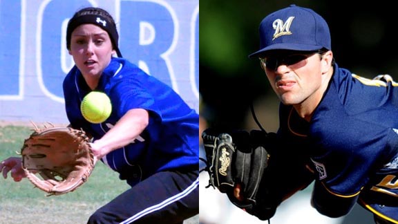 Kylie Reed (left) of Norco is now at Cal but her alma mater has returned to this week's State Top 20. At right, Quinn Brodey from state-ranked L.A. Loyola pitches at Area Code Games. Photos: Courtesy Norco H.S. & Student Sports.