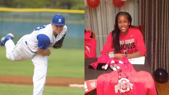 Matt Trask of Davis (going to UCLA) throws a pitch earlier this season while Taylor White (going to Ohio State obviously) shows off some of her gear. Both seniors are in the midst of standout seasons. Photos: Trask Photography & Courtesy Student Sports.