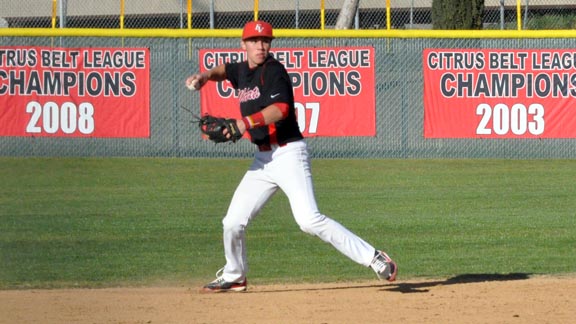 Shortstop Zach Kirtley is one of the top players for new D2 state-ranked Redlands East Valley, which as the signs say has made a habit of winning Citrus Belt League titles. Photo: Courtesy school.