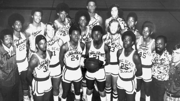 Tony Gwynn is holding the ball in this photo of him with the Long Beach Poly 1975-76 basketball team, which is the State Team of the Year for that season and ended No. 3 in the National Sports News Service final national rankings. Photo: Courtesy collection by historian Bruce McIntosh. 