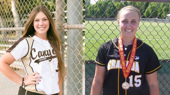 Paulina Anasis from Canyon of Anaheim and Taylor Zehr from Granada of Livermore are among 30 named to first team all-state underclass softball team. Anasis, committed to Northwestern, batted .425 and helped Canyon reach CIF Southern Section Division I semifinals. Zehr belted 10 homers with a .511 average and helped Granada get to CIF North Coast Section Division I final. Photos: Nadia Martinez/OC Sidelines & Mark Tennis.