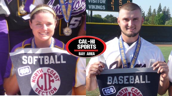 Holding CIF North Coast Section title banners are the top pitchers for this year's No. 1 teams in the Bay Area -- Johanna Grauer from Amador Valley of Pleasanton and Joe DeMers from College Park of Pleasant Hill. Photos: Mark Tennis.