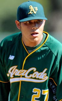 Luis Ortiz of Sanger, the 30th pick in the first round of the recent MLB Draft, played for the Oakland Athletics team in last summer's Area Code Games. Photo: Scott Kurtz (Student Sports).