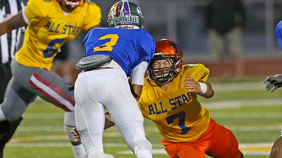 Sam Scheidt of the South all-stars, who is from Merced, gets ready to make a tackle in 41st Central California Lions All-Star Classic played Saturday in Tracy. Photo: Stu Jossey Photography.