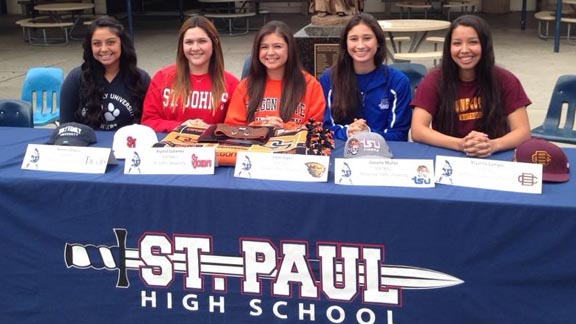 These five from Division III State Team of Year St. Paul of Santa Fe Springs have signed to play in college. They are (l-r) Koreen Orozco, Krystal Gutierrez, Lovie Lopez, Danielle Munoz and Bryanna Campos. Photo: Courtesy Student Sports.