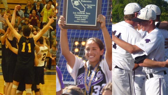 It's celebration time for the Mountain View boys volleyball after final point of CIF NorCal D1 title match, for Amador Valley's Victoria Molina after North Coast Section softball final and for players from College Park after NCS D2 baseball final. Photos: Mark Tennis.