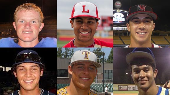 Here are six members of the 2014 Cal-Hi Sports 30-player elite first team All-State squad. They are: (l-r, top) Logan Webb of Rocklin, Josh Morgan from Lutheran of Orange, Jack Flaherty of Harvard-Westlake, (l-r, bottom) Alex Jackson from Rancho Bernardo of San Diego, Phil Plantier of Temecula Valley and Jacob Gatewood of Clovis. Photos: Mark Tennis, Nadia Martinez/OC Sidelines,Scott Kurtz/Student Sports.
