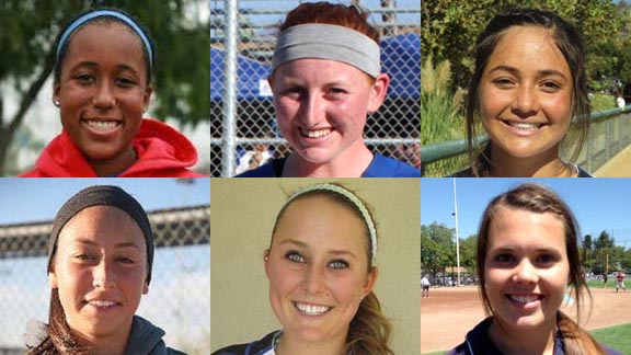 Six of the 30 players on the 2014 All-State First Team in softball are (top, l-r) Taylor White from Chaminade of West Hills, Cortney Horne from West Hills of Santee, Julia DePonte of Vacaville, (bottom, l-r) Alexis Osorio from M.L. King of Riverside, Kylee Perez from Alhambra of Martinez and Rebecca Faulkner from Carlmont of Belmont. Photos: Student Sports, Courtesy Horne family & Harold Abend.
