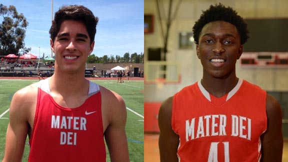 Curtis Godin (left) won two events in leading Mater Dei to the team title at the CIF state track meet while Stanley Johnson (right) led the Monarchs to 35-0 record and CIF Open Division state crown. Photos: OC Sidelines & Mater Dei H.S. 