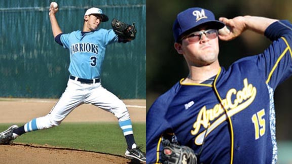 Two all-state pitchers who just missed being on first team but were easy choices for second team are San Jose Valley Christian's Theron Kay and L.A. Loyola's Quinn Brodey. Photos: Prep2Prep.com & Student Sports.