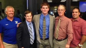 Clovis High's Nick Nevills poses with coaches at recent awards ceremony in which he was named the top scholar-athlete in the Fresno area. Photo: Clovis USD.