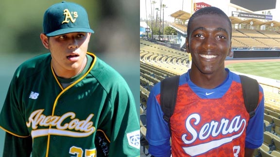 Two members of the all-state medium schools squad are Luis Ortiz (left) of Sanger, shown pitching in the 2013 Area Code Games, and outfielder Marcus Wilson from Serra of Gardena. Ortiz was the 30th pick in the first round of the recent MLB Draft by the Texas Rangers and has signed with the Rangers with a reported $1.75 million bonus. Wilson was the 69th choice in the draft in the compensation round between the second and third round by the Arizona Diamondbacks. We snapped his photo last season after he homered at Dodger Stadium. Photos: Scott Kurtz (Student Sports) & Mark Tennis.