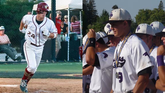 Two of the five outfielders on the all-state underclass first team are Brady Shockey from JSerra of San Juan Capistrano (left) and Trevor Larnach from College Park of Pleasant Hill. Shockey was MVP of the Trinity League despite being a sophomore. Larnach has committed to Oregon State and already has been chosen All-East Bay first team. Photos: Nani Strumpf/JSerra baseball & Mark Tennis.