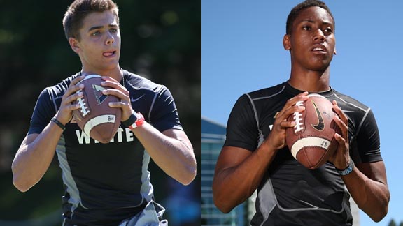 Two of the top five QBs at the recent Elite 11 finals held in Oregon were Brady White (left) from Hart of Newhall and Travis Waller from Servite of Anaheim. Photos: Tom Hauck (Courtesy Student Sports).