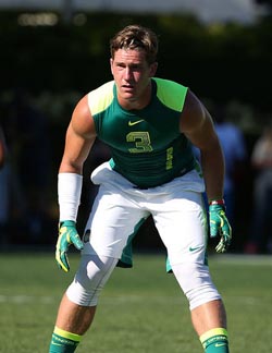 Mater Dei linebacker Ben Humphreys gets ready for a play at The Opening in Beaverton, Ore. Photo: Tom Hauck/StudentSports.