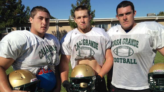 Three preseason All-Redwood Empire picks from Casa Grande of Petaluma are (l-r) LB Casey Longaker, OL Brandon Jackson and OL Peter Parrick. Photo: Harold Abend.