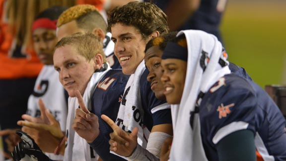 Players from Chaminade of West Hills flash No. 1 fingers during closing seconds of last season's CIF D2 state bowl game. Photo: Scott Kurtz.