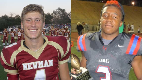 Kasey Mansen had an 88-yard kickoff return for Cardinal Newman of Santa Rosa while Miles Harrison had an 85-yard touchdown run for Clayton Valley of Concord during separate games of Saturday's Honor Bowl in Loomis. Photos: Mark Tennis.