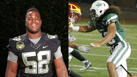 Concord Clayton Valley's Kahlil McKenzie (left) poses for photo at Nike's The Opening where he committed to Tennessee. Oceanside's Tommy Woo (right) attempts to get around a defender. Photos: Student Sports & Hudl.com.