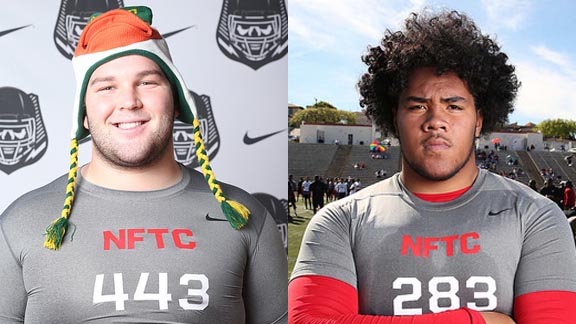 Zach Okun of Newbury Park (left) has a playful side, which is not the norm for the serious nature of most linemen who have photos taken, including our No. 1 OL in the state (right), Tevita Halalilo of Rancho Verde. Photos: Student Sports.