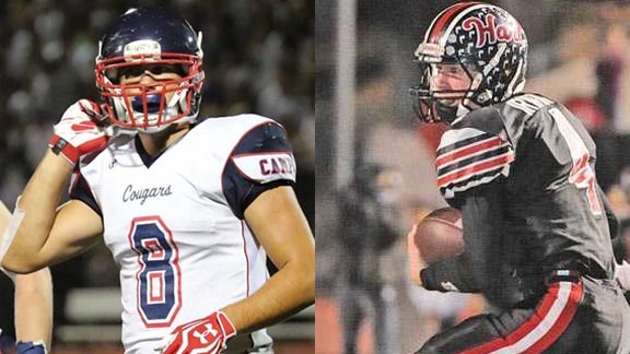 One of the state's best tight ends is Campolindo's Tyler Petite (left) while Newhall Hart's Trent Irwin makes another grab. Photos: Hudl.com & The Signal/Santa Clarita Valley.