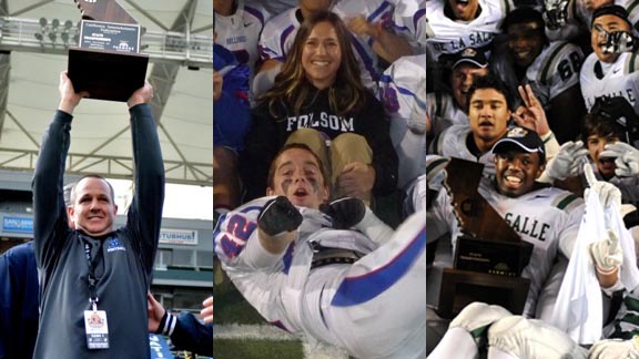 Among the schools that have had several additions to the all-time state football team records are (l-r) Corona del Mar, Folsom & De La Salle. Photos: Scott Kurtz & Mark Tennis.