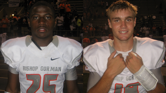 Sophomores Tyjon Lindsey (left) and Tate Martell led Bishop Gorman of Las Vegas to a 48-27 victory over state No. 3 Servite of Anaheim. Lindsey and Martell attended Poway as freshman. Photo: Ronnie Flores