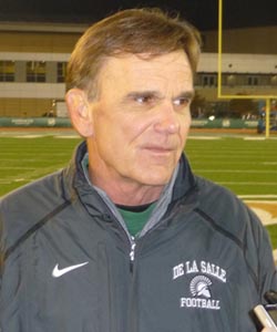 Former De La Salle head coach Bob Ladouceur talks to the media after the next to last game of his career during the 2012 season. Photo: Mark Tennis.