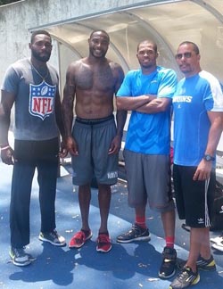 Gold Medal Excellence founder and speed coach Chris Asher (far right) worked with NFL standout Antonio Cromartie (far left) during the summer and helped Cromartie get down to 4.32 in the 40. Two others Chris worked with were Cordarol Scales and Marcus Cromartie. If you think your game needs some speed, contact Coach Asher today. You can connect with him by email at Chris.Asher@goldmedalexcellence.com, follow him on Twitter @GMEChrisAsher and Instagram at @goldmedalexcellence_chrisasher.  To see pictures and training videos, CLICK HERE. 