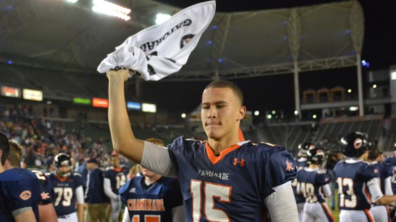 Brad Kaaya waves a towel after Chaminade of West Hills won last year's CIF D2 state bowl game. Kaaya just started his first game at quarterback for the University of Miami earlier this week as a true freshman. Photo: Scott Kurtz.