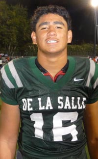 Devin Asiasi is 6-5, 255 and played as De La Salle's QB in second half on Friday. Photo: Mark Tennis.