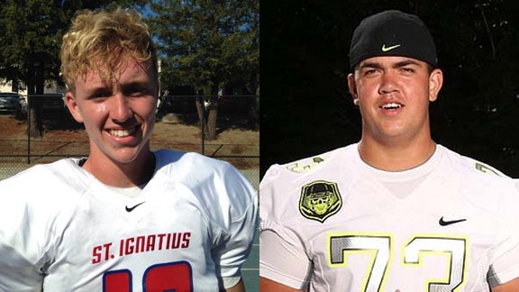 Leading players for two of this week's hot teams are QB Ryan Hagfeldt of St. Ignatius and OL Drew Samia of San Ramon Valley. Samia has committed to Oklahoma. Photos: Harold Abend & Student Sports.