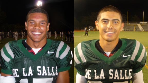 Simba Short (committed to Northwestern) played linebacker on defense while Andrew Hernandez played running back on offense during Saturday's 47-24 win by De La Salle of Concord over Servite of Anaheim. Photos: Mark Tennis.