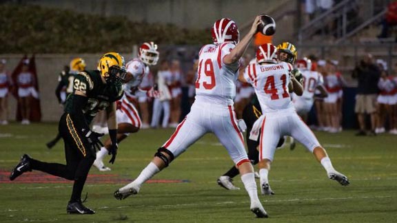 Mater Dei senior QB Jack Lowary gets ready to deliver pass in Monarchs' win last Friday against Edison of Huntington Beach. Photo: Patrick Takkinen/OCSidelines.com.