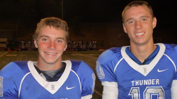 Blake Laurin (left) caught three TD passes from Max O'Rourke (right) during unbeaten Rocklin's 47-6 win over Sacramento. The Thunder should move up in the Sac-Joaquin Section pecking order heading into their bye week. Photo: Mark Tennis.