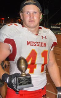 Peyton Marshall, who plays linebacker and fullback, was chosen the MVP of the game for Mission Viejo. Photo: Mark Tennis.