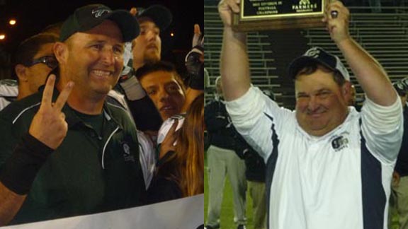 Eric Reis (left) of Manteca and Roger Canepa (right) from Central Catholic of Modesto both coached teams to NorCal bowl games last season. Their teams will meet Friday in Valley Oak League opener. Photos: Mark Tennis.
