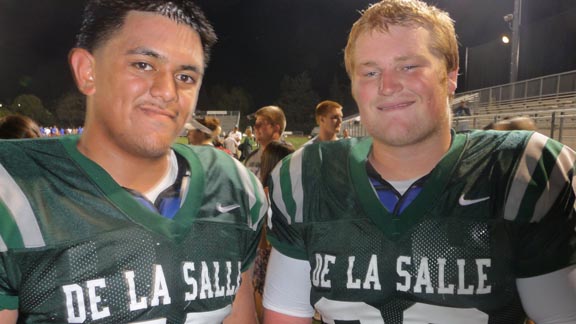 Two dominating linemen for Northern California No. 1 De La Salle are junior Boss Tagaloa (left) and senior Drew Sullivan (right). Photo: Mark Tennis.