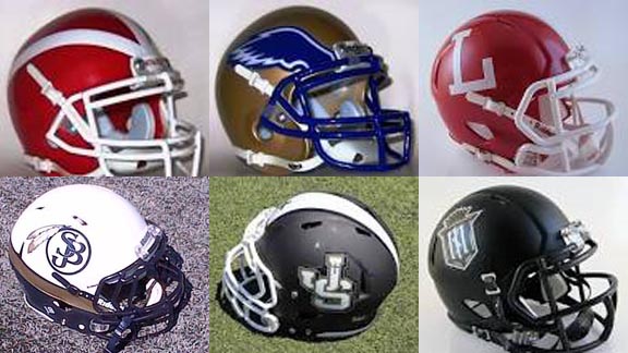 The six Trinity League teams that are all in this week's State 25 are represented above by their helmets (l-r) on top Mater Dei, Santa Margarita and Orange Lutheran and on the bottom (l-r) St. John Bosco, JSerra and Servite. 