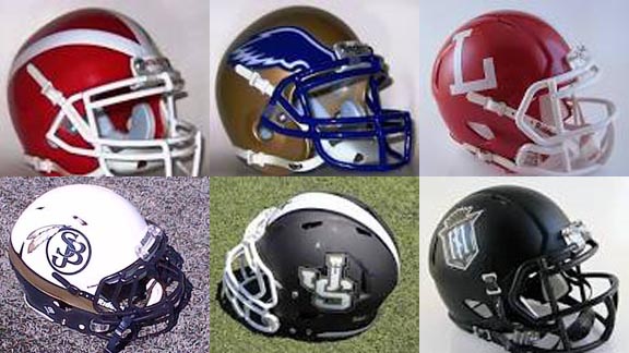 The six Trinity League teams that are all in this week's State 25 are represented above by their helmets (l-r) on top Mater Dei, Santa Margarita and Orange Lutheran and on the bottom (l-r) St. John Bosco, JSerra and Servite.