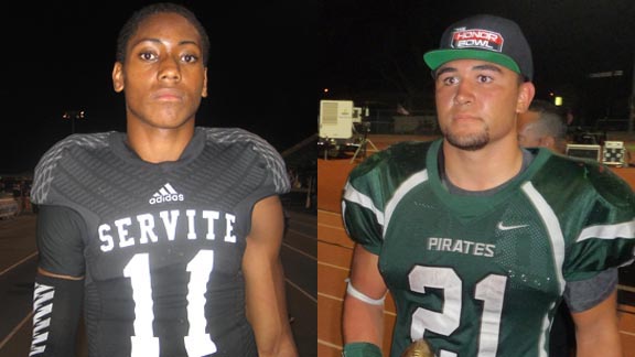 Two top players from two top teams: Servite QB Travis Waller (left) and Oceanside RB Josh Barnard (right). If Servite gets to a CIF bowl game this year, it almost for sure will be in the Open Division and probably would be a rematch against De La Salle. If Oceanside gets to a CIF bowl game, it almost for sure would be in Division I South. Photos: Ronnie Flores & Mark Tennis.