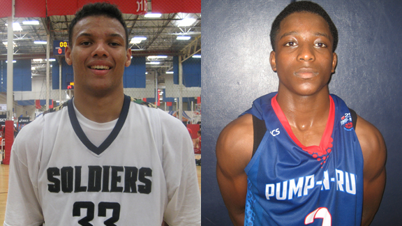 If you don't count Prolific Prep's Josh Jackson, Mitty's Ben Kone (left) is now NorCal's top prospect in the 2016 class. Terrell "Go Go" Gomez of Inglewood is lightening-quick with the ball and continues to move up the charts among junior guards. Photo: Ronnie Flores