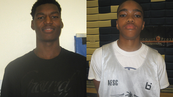 Big man Brandon McCoy (left) of San Diego Morse was the most dominant player at the recent Pangos All-West Frosh/Soph Camp while point guard Jailen Moore of Lake Elsinore Lakeside is one of the most improved 10th graders in the state. Photo: Ronnie Flores  