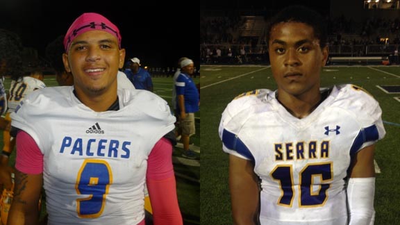 Two quarterbacks who helped their teams to solid wins on Friday were senior Donovan Brown (left) from Grant of Sacramento and sophomore Sitaleki Nunn from Junipero Serra of San Mateo. Photos: Mark Tennis & Paul Muyskens.