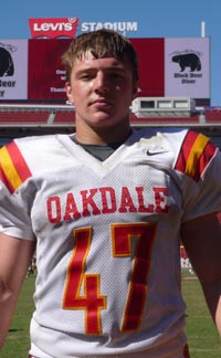 Oakdale fullback Frankie Trent is part of that team's hard-to-stop running game. Photo: Mark Tennis.