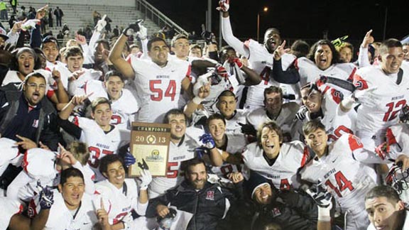 Players from last year's team at Heritage of Menifee celebrate after winning the CIFSS Central Division title. The Patriots now have state's longest current win streak and are threat in new CIFSS Inland Division. Photo: Menifee247.com.