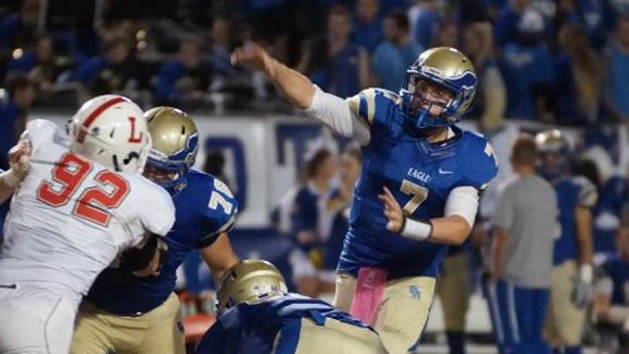 Junior phenom K.J. Costello sparked a big rally by Santa Margarita against Orange Lutheran and ended with school-record 495 yards. Photo: Patrick Takkinen/OC Sidelines.com.